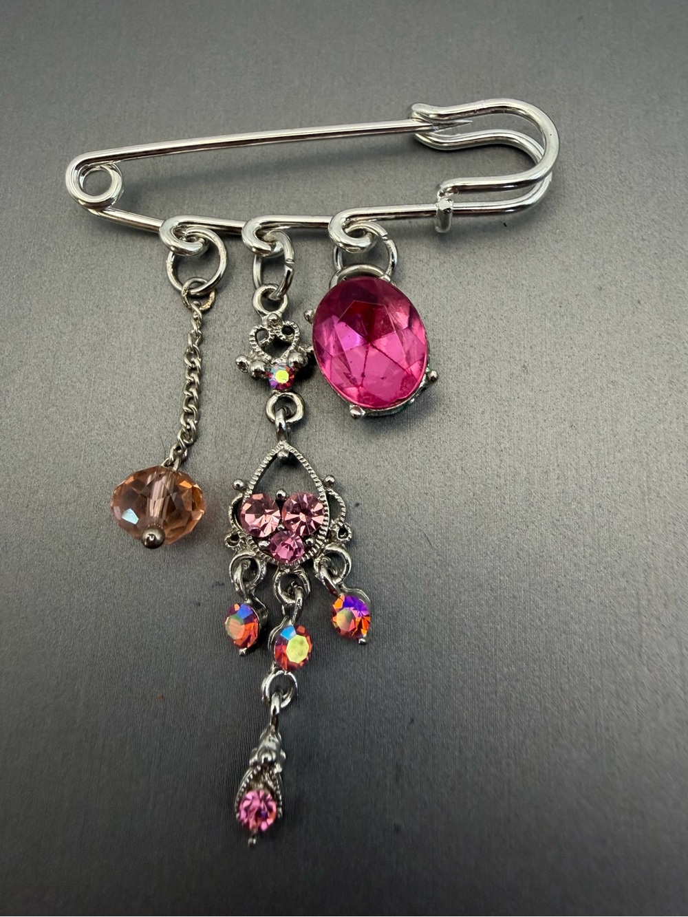 Pretty in Pink Crystal Dangle Safety Pin Brooch Upcycled